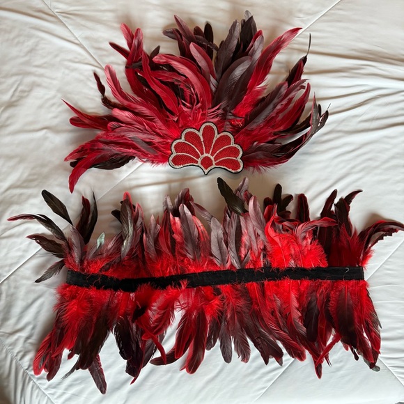 Accessories - Red Feathered Costume Set Head Piece Sequins and Feathered Skirt Wrap Tie